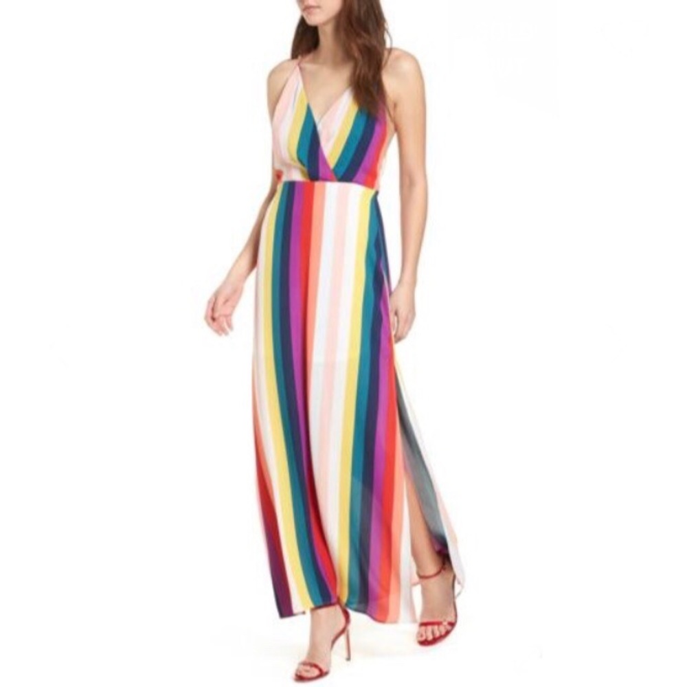 Lush Surplice Maxi Dress Rainbow Spaghetti Stripes